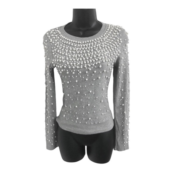Stunning pearl embellished beaded gray long sleeve sweater top size‎ large new - Picture 3 of 15